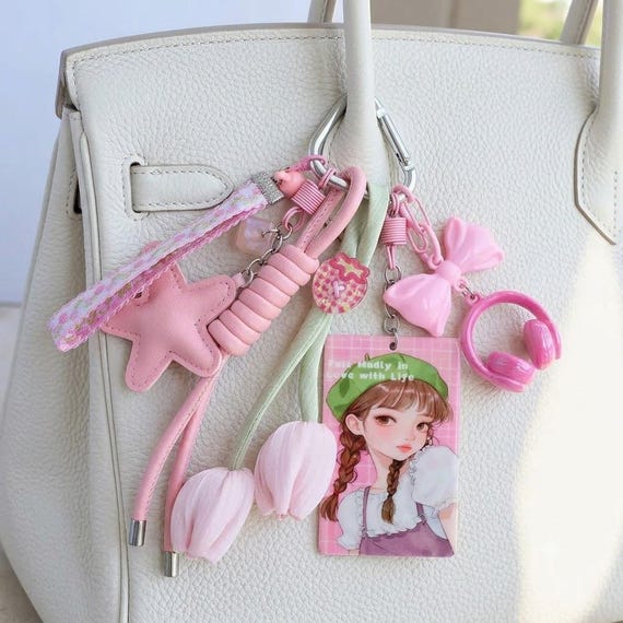Pink Coquette Chunky Bag Charm, Kawaii Anime Girl Keychain, Soft Girl Tulip Purse Clip, Y2K Maximalist Backpack Accessory, Cute Teen Gift