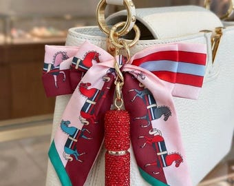 Red Rhinestone Spray Bottle for Handbags, Horse Pattern Ribbon, Luxury Accessory, Gift for Her