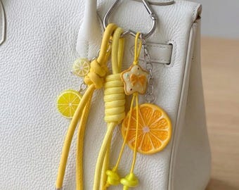 Sunny Citrus Star Bag Charm with Heart Clasp, Chunky backpack Charm, Y2K Kawaii Fruit Keychain,Maximalist fruit Purse Clip, Summer Accessory