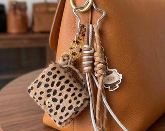 Fuzzy Leopard Mini Pouch Keychain, Kawaii Cat Acrylic Charm, Star Clasp Lanyard, Tortoiseshell Links Cords, Eclectic Bag Charm Gift