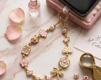 Lucky Fortune Metal Phone Charm, Pink Gold Kawaii Phone Lanyard, Maneki Neko, Cherry Blossom & Bunny Charms, Cute Y2K Tech Accessory