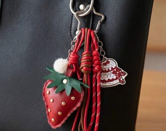 Whimsical Leather Strawberry Shortcake Bag Charm, Handmade Dessert Keychain, Y2K K-Pop Purse Backpack Accessory