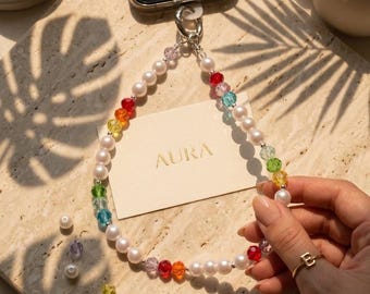 Rainbow Crystal & Pearl Beaded Phone Charm - Y2K Colorful Phone Wristlet Strap - Trendy Beaded Phone Accessory - Preppy Pride Gift