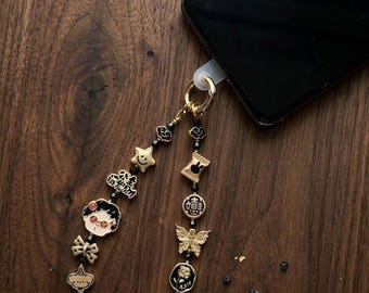 Edgy Black  Gold Fortune Metal Phone Charm, Quirky Enamel Phone Lanyard, Retro Asian Aesthetic, Lucky Character  Butterfly Tech Accessory
