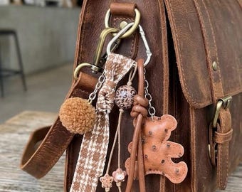 Brown bear and pom pom Keychain, Cute Bag Charm,  Mom Gift, Backpack Charm, Y2K Aesthetic