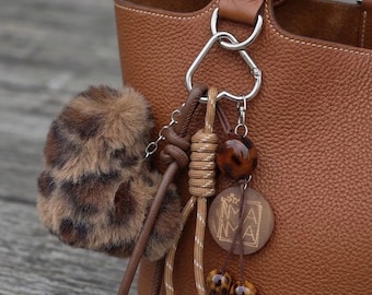 Brown Leopard Print Heart Bag Charm, Fluffy Faux Fur Pom Pom Keychain with Wooden Pendant Tortoiseshell Beads, Earth Tone Purse Accessory