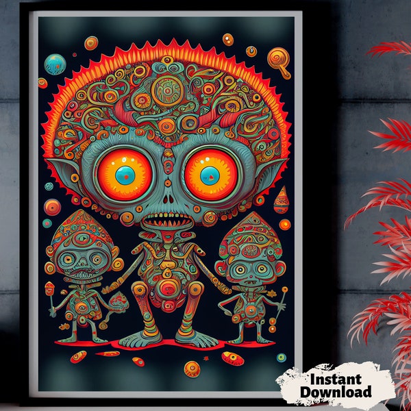 Psychedelic Trippy Mushroom Monsters Printable Download | Digital Poster | Instant Download | Psychedelic | Shroom | Fungi |Psy|Visonary Art