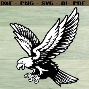 Op de afbeelding: Zwart-witte illustratie van een adelaar met gespreide vleugels in een vliegende pose. De adelaar heeft een scherpe snavel en klauwen.