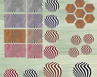 May include: A set of digital cut files featuring a wavy striped pattern in black and white, blue and white, brown and white, and red and white. The files include squares, circles, and hexagons.