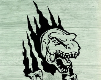 May include: A black and white illustration of a dinosaur's head breaking through a wall. The dinosaur has sharp teeth and a fierce expression.