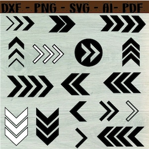 May include: A collection of black and white arrow designs in various styles. The arrows point in different directions, including up, down, left, and right. The image includes the text "DXF - PNG - SVG - AI - PDF" at the top.