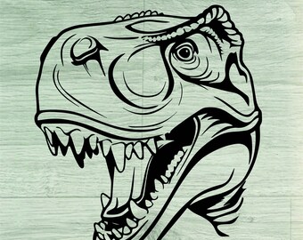 May include: Black and white line art illustration of a dinosaur head with an open mouth and sharp teeth. The dinosaur is facing the right side of the image.