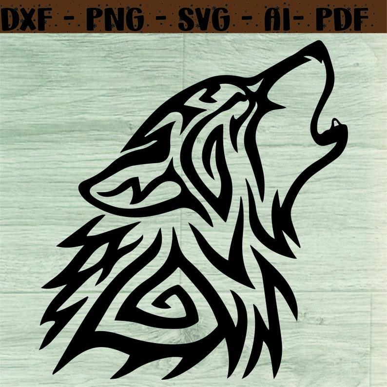 May include: Black and white tribal style wolf head silhouette with the mouth open and howling. The wolf's fur is stylized with geometric patterns.