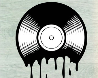 May include: A black vinyl record with a white label, dripping with black paint. The record is a classic symbol of music and nostalgia.