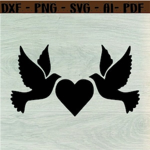 May include: Two black silhouette doves facing each other with their beaks touching a black heart shape.