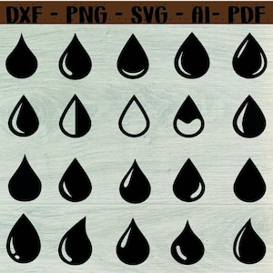 Puede incluir: Un conjunto de 20 iconos de silueta de gota de agua en blanco y negro. Los iconos están dispuestos en una cuadrícula de cuatro filas y cinco columnas. Los iconos son todos del mismo tamaño y forma, pero tienen diferentes variaciones en su diseño. Algunos iconos están rellenos, mientras que otros están delineados. Algunos iconos tienen una sombra, mientras que otros no.