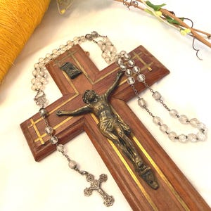 Pretty Antique French Complete Glass facet Rosary Silver Scrolls crucifix~Wood Gilt Wall Veneration Cross Corpus Christi Brass Stringing