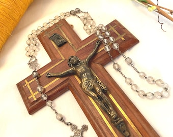 Pretty Antique French Complete Glass facet Rosary Silver Scrolls crucifix~Wood Gilt Wall Veneration Cross Corpus Christi Brass Stringing