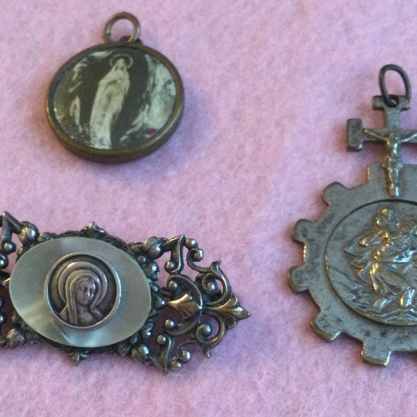 3 Sweet DEVOTIONAL CATHOLIC Vintage French Medals~Silver Madonna Scrolls Brooch Lourdes Double Side pendant St Christopher Protection Medal