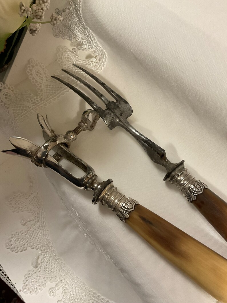 Rare Set Vintage French Manche a Gigot Lamb Leg Holder & Carving Fork Guard Silver Swag Collar