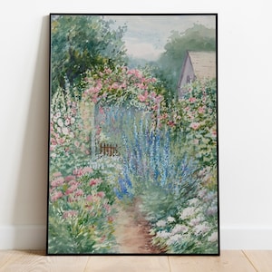 Path Through a Cottage Flower Garden - Printable Art - Instant Digital Download Print Artwork Watercolor Bright Flowers Rustic Country w253