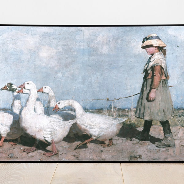 Girl Walking With Geese - Vintage Printable Art - Instant Digital Download Print Painting - Nursery Decor Girls Room Farmhouse Country a253