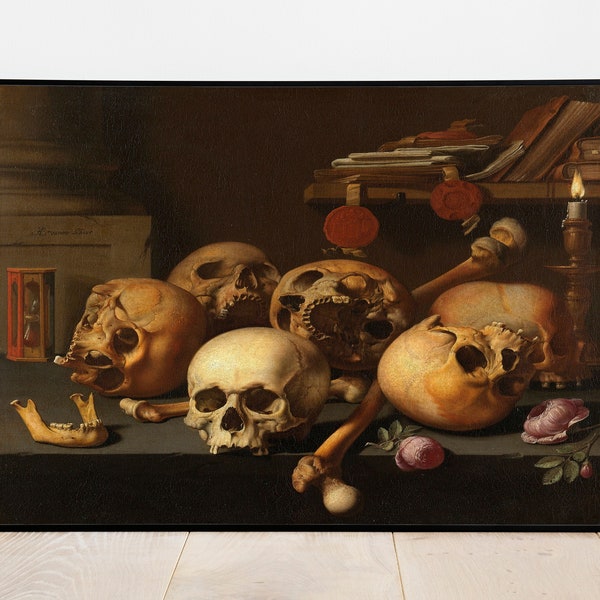 Skulls on a Table - Vintage Printable Art - Instant Digital Download Print Artwork Painting Flowers Skeleton Bones Books Realistic 9836