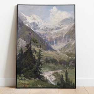Mountain River Landscape - Vintage Printable Art - Instant Digital Download Print Artwork Painting - Valley Forest Pine Trees Snowy - d236