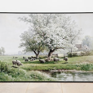 Sheep by a Countryside Stream - Vintage Printable Art - Instant Digital Download Print Painting - Antique Farmhouse Tree Muted Rustic - o865