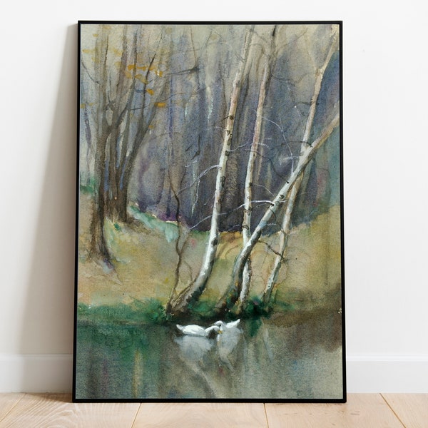 Vintage Stream with Swans Watercolor - Vintage Printable Art - Instant Digital Download Print Artwork Painting - Brook Lake Oak Trees - 2347