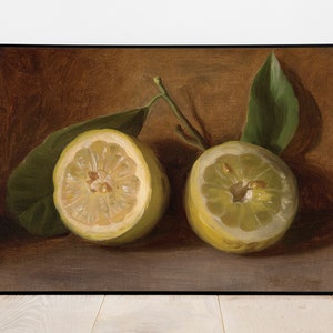 Still Life Lemons on a Table - Vintage Printable Art - Instant Digital Download Print Artwork Painting Antique Fruit Cut Yellow Leaves 2366