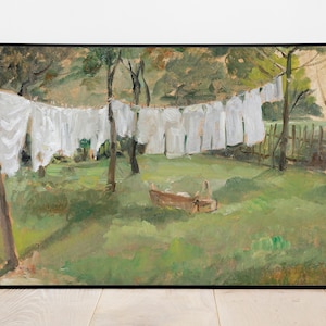 Clothes Drying on a Clothesline - Vintage Printable Art - Instant Digital Download Print Artwork Painting - Grassy Laundry Room Decor - 2523