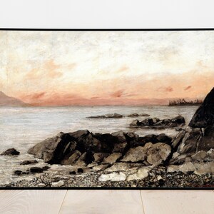 Rocky Shore Sunset - Vintage Printable Art - Instant Digital Download Print Artwork Painting - Ocean Beach Rocks Seascape Sunrise- 2198