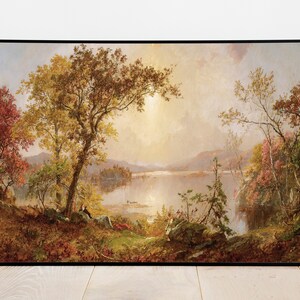 Watching Sunset over the Lake - Vintage Printable Art - Instant Digital Download Print Artwork Painting - Landscape Trees Forest River 3567