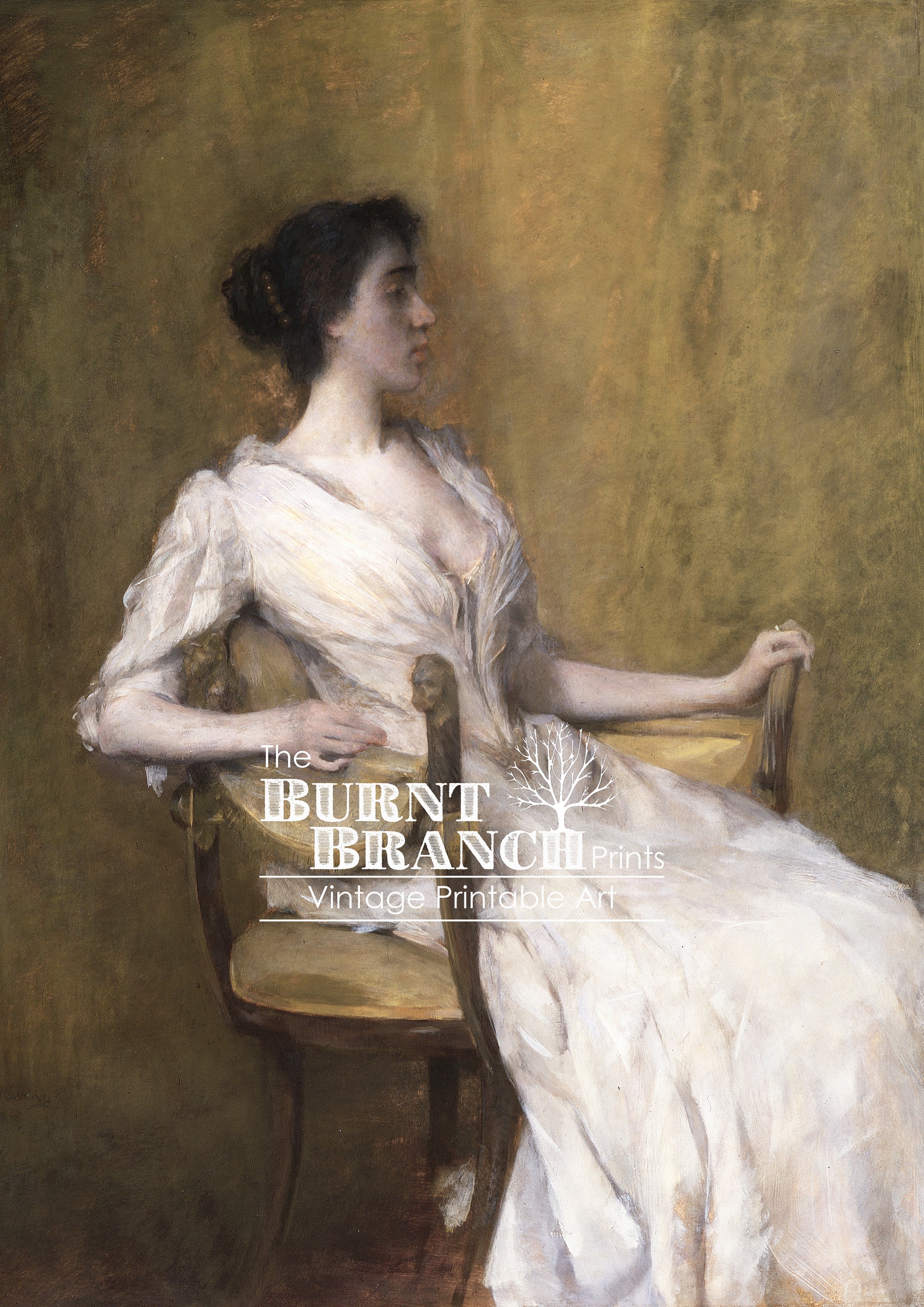 椅子に座る白いドレスを着た女性の肖像画 - ヴィンテージ印刷可能