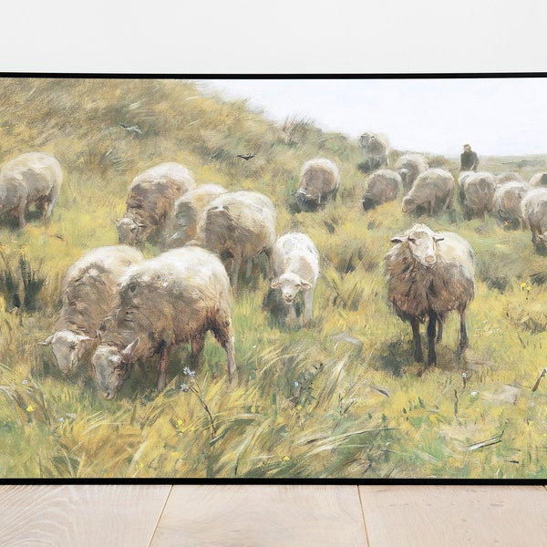 Sheep on a Grassy Hillside - Vintage Printable Art - Instant Digital Download Print Artwork Painting - Grass Field Farmhouse Shepherd - 4677