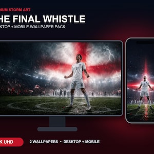 Das Finale – Fußball-Wallpaper im England-Stil, dramatischer 4K-Hintergrund für Desktop und Mobilgeräte, digitaler Download