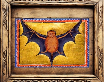 Cartolina di Halloween con pipistrello medievale: stampa artistica con un pipistrello sorridente e goffo - stile vintage