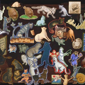 May include: A collage of colorful illustrations featuring cats in various poses and settings. The cats are depicted in a whimsical and playful style, with some wearing clothing and others interacting with objects. The background is a dark brown woodgrain.