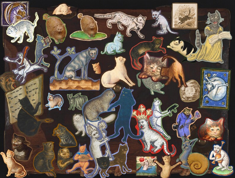 May include: A collage of colorful illustrations featuring cats in various poses and settings. The cats are depicted in a whimsical and playful style, with some wearing clothing and others interacting with objects. The background is a dark brown woodgrain.