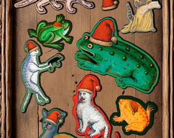 Funny Medieval Cat and frog Holiday Christmas Stickers - 8 Pack - Goofy Historic Art