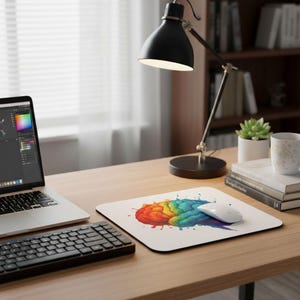 Może przedstawiać: Biała prostokątna podkładka pod mysz z kolorowym akwarelowym wzorem mózgu. Ilustracja mózgu wykorzystuje tęczę kolorów. Biała mysz bezprzewodowa leży na podkładce. Widoczny jest również laptop, klawiatura i lampa biurkowa.