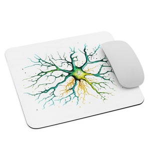 Pode incluir: Um tapete de rato branco com uma ilustração colorida de um neurone, uma célula nervosa, com um corpo celular verde e amarelo e dendritos azuis e verdes.