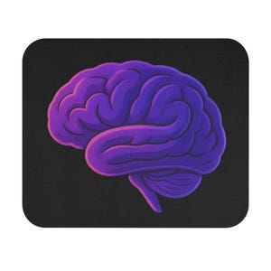 May include: A purple and pink brain illustration on a black square mousepad. The brain graphic is a side view, with a gradient effect from pink to purple. The mousepad has rounded corners.