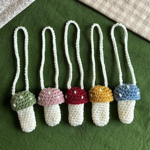 May include: Five crocheted mushroom ornaments with white cords. The mushrooms are in different colors: green, pink, red, yellow, and blue.