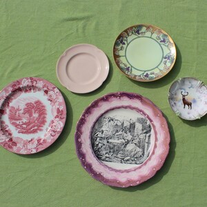 May include: A collection of five ceramic plates featuring diverse designs: a solid pale pink plate, a plate with a green center and floral border, a pink plate with a landscape scene, a plate with a black and white illustration, and a small plate with a deer.