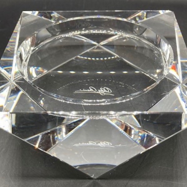 Vintage Oleg Cassini signed crystal cut pillar candle holder / paper weight / ashtray multifaceted one chip pictured in last photo
