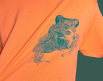 Handbedrucktes Laubfrosch T-Shirt ~ Oranges Frosch Grafik Tee ~ Einzigartiges Art Shirt L