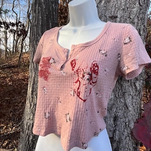 Frog and Kitty Cropped Cute Flower Upcycled Button Shirt