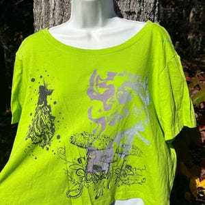Cute Fairy and Abstract Mushroom Design Lime Green Handprinted One of a Kind Unique Boxy Crop Top 2XL
